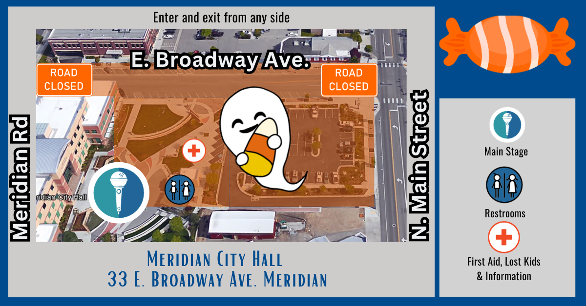 Map showing road closure on Broadway between Meridian Road and N. Main Street.