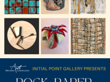 Graphic for Rock, Paper, Scissors, Wood Initial Point Gallery presentation showing various artworks dipicting stone, wood, and various natural elements